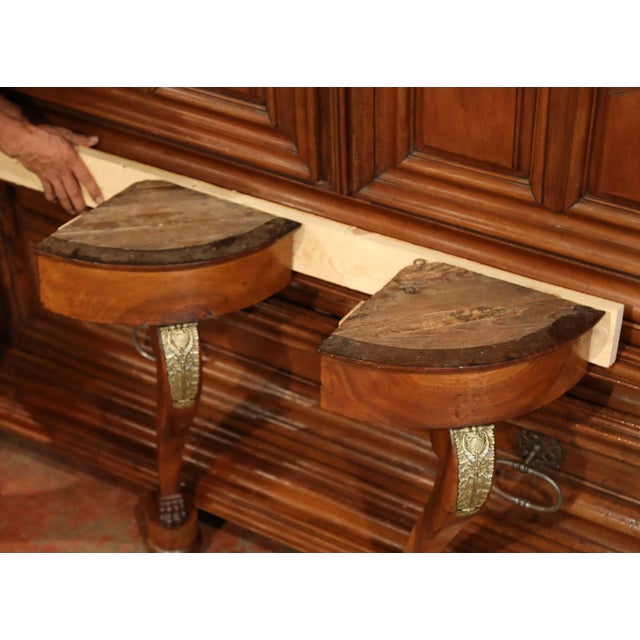 Bronze Pair of Early 19th Century French Empire Walnut and Marble Top Wall Consoles For Sale - Image 8 of 13