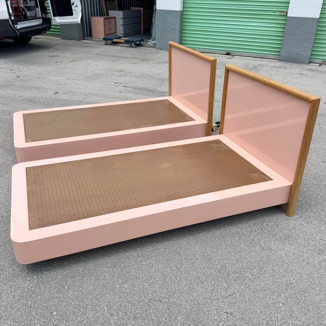 Postmodern Pink Gloss Laminate and Oak Twin Size Platform Beds - A Pair For Sale - Image 10 of 11