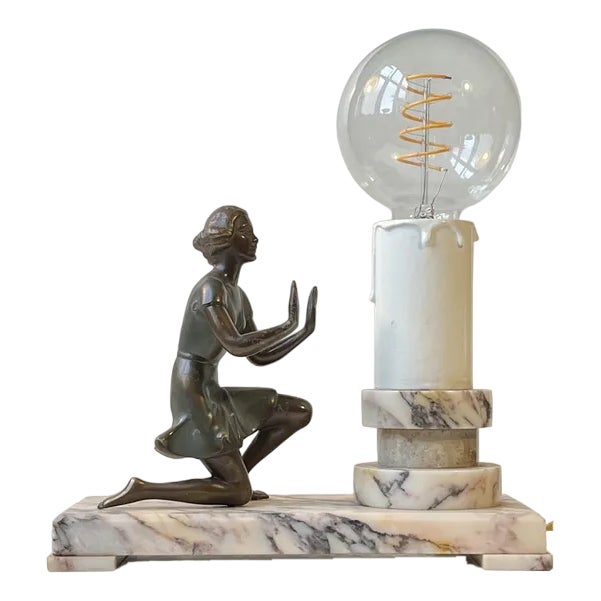 Art Deco Figural Table Lamp in Bronze and Marble, France, 1930s For Sale