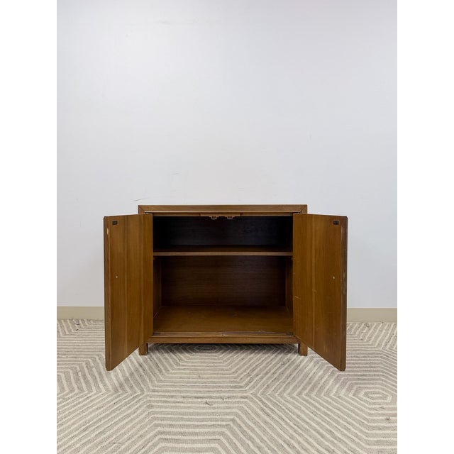 Wood MCM Cabinet Brass Pulls Checker Panel Doors Vintage Mid-Century Storage For Sale - Image 7 of 8