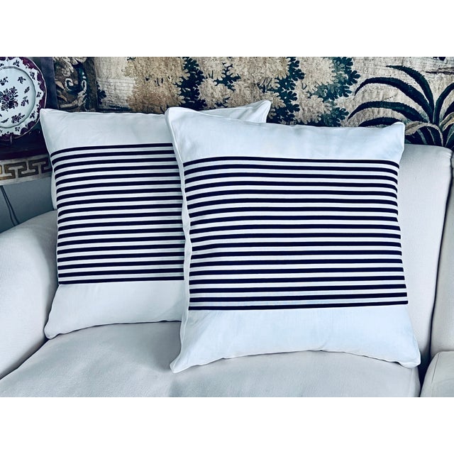 Pair Reversible Cushions/Pillows in Navy Blue Stripes on White For Sale In West Palm - Image 6 of 11