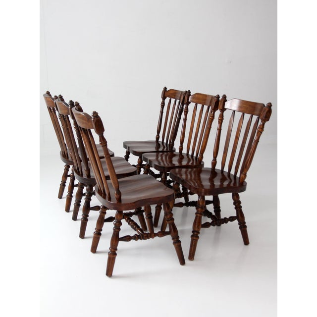 Wood Vintage Colonial Spindle Back Wood Dining Chairs Set of 6 For Sale - Image 7 of 16