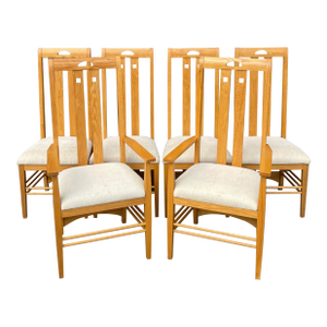 2000s Canal Dover Hill House Collection Amish Made High Back White Oak Arts & Crafts Dining Chairs Inspired by Charles Rennie Mackintosh - Set of 6