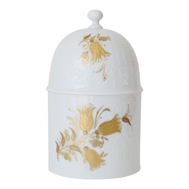 1980s Vintage Bjorn Wiinblad for Rosenthal Covered Gold & White Porcelain Bowl For Sale