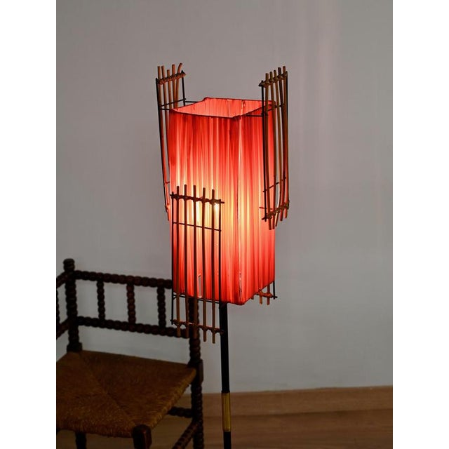 Italian Floor Lamp in Metal, Rattan, Brass and Red Acrylic attributed to Dal Vera, 1950s For Sale - Image 14 of 17