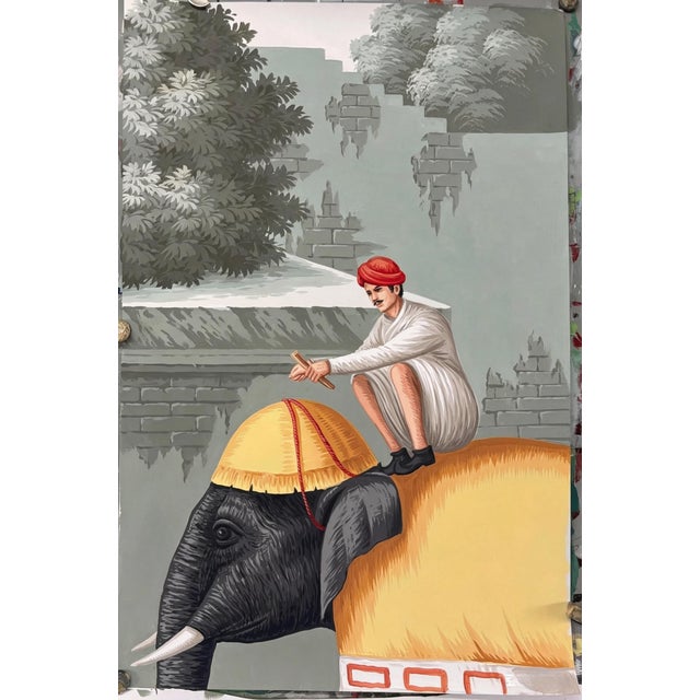 Gray Exotic Indian Scenic Hand-Painted Wall Mural, 4-Panel Set For Sale - Image 8 of 8