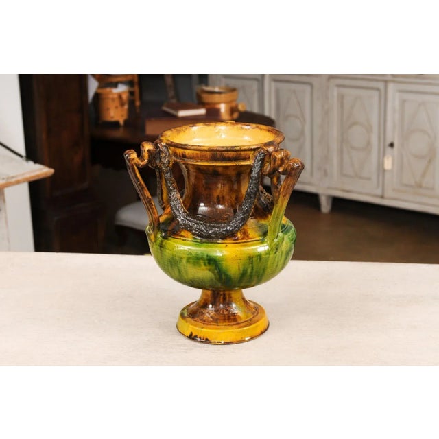 Ceramic French Classical 19th Century Anduze Multi-Colored Glazed Vase with Swag Motifs For Sale - Image 7 of 12