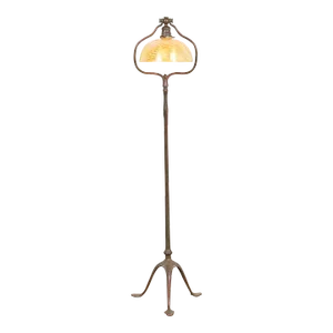 Tiffany Studios New York Bronze Harp Floor Lamp With Damascene Favrile Glass Shade