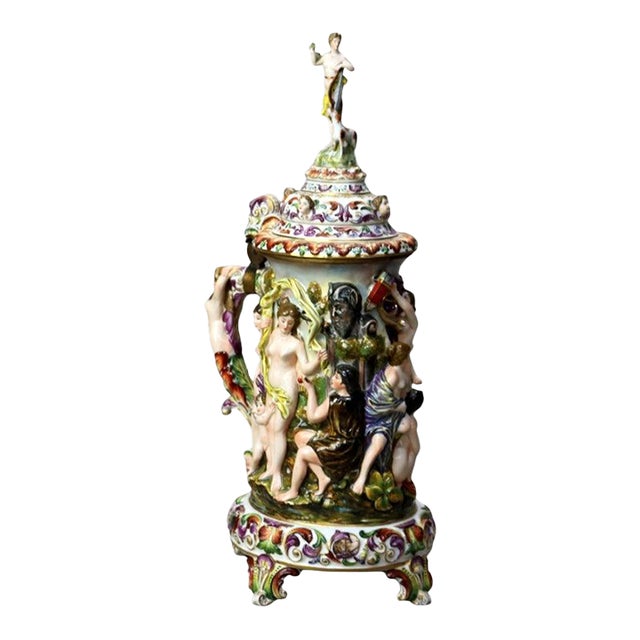 Oversized Antique Majolica Figural Footed Tankard With Classical Scene, Circa 1890 For Sale