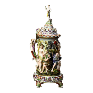 Oversized Antique Majolica Figural Footed Tankard With Classical Scene, Circa 1890