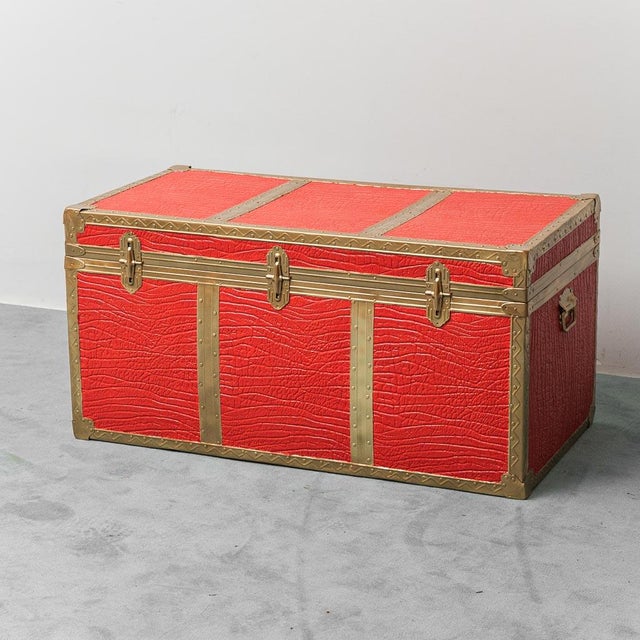 Gold-Plated Metal and Red Leather Trunk, 1950s For Sale - Image 6 of 12