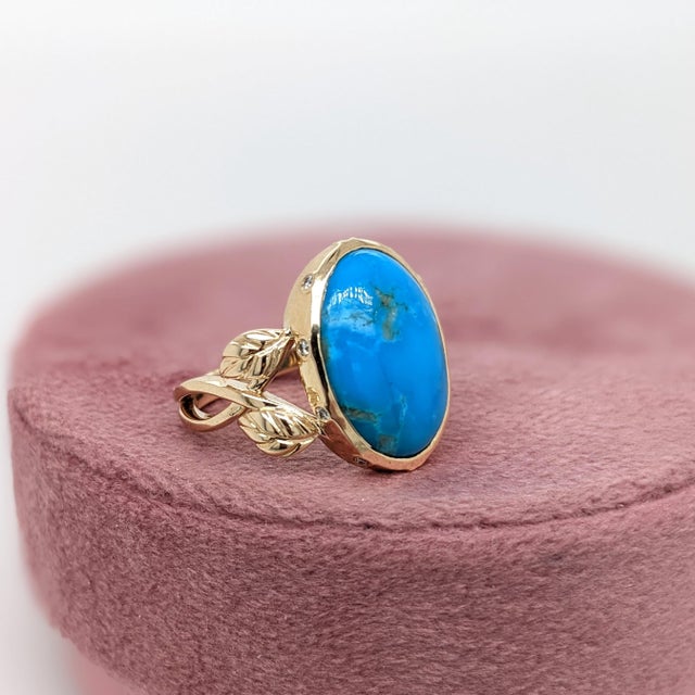5.3ct Turquoise Ring With Earth Mined Diamond Accents: In Solid 14k Gold , Size 6.75 For Sale In Columbus - Image 6 of 9