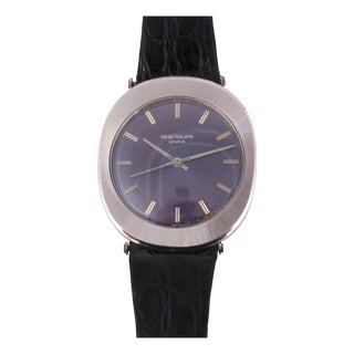 1970s Patek Philippe "Jumbo Ufo" Automatic Steel Purple 35mm Dial Leather Strap Watch For Sale