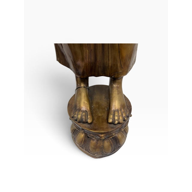 Brass Vintage 4-Foot Hand-Cast Brass Standing Buddha Statue on Lotus Pedestal - 70 LBS For Sale - Image 8 of 9