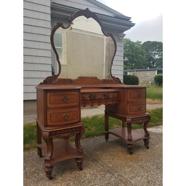 Vintage Art Deco Waterfall Ladies Makeup Vanity Dresser With Mirror