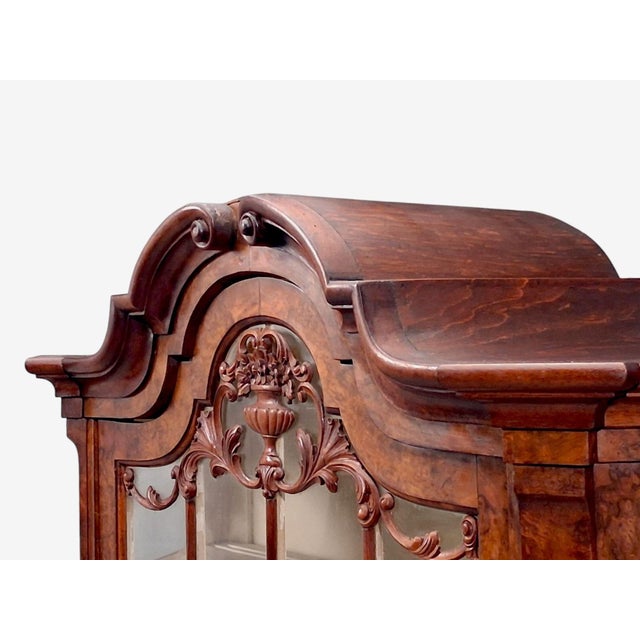Dutch Baroque Style, Large Bombe Bookcase, Burr Walnut, Glass, England, 1940s For Sale - Image 10 of 15