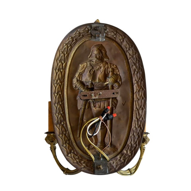 Antique Brass Wall Sconces With Embossed Knights and Fleur De Lis - a Pair For Sale In Los Angeles - Image 6 of 6