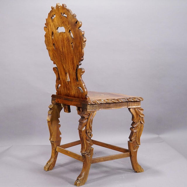 Late 19th Century Rare Nutwood Edelweis Marquetry Chair Swiss Brienz 1900 For Sale - Image 5 of 12