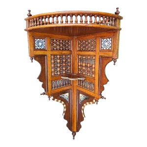 Mid- Century Syrian Bone and Ebony Wood Inlaid Mahogany Corner Wall Shelf
