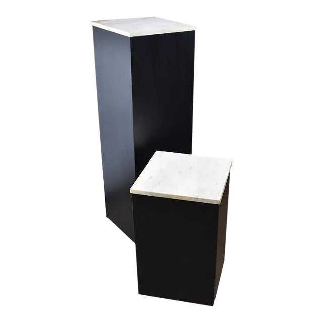 Two Square Plinth Base Black Marble and Wood Display Pedestals With Marble Tops - a Pair For Sale