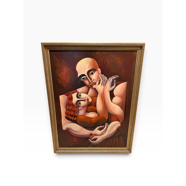 Red Late 20th Century Yuroz Cubist Figural Painting of Embracing Couple in Gilt Frame For Sale - Image 8 of 8