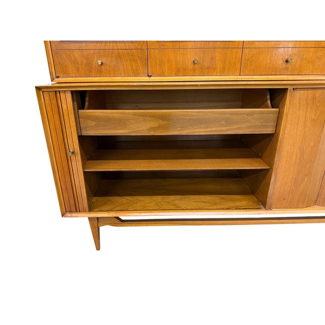 1960s Mid-Century Modern Walnut & Cane 2-Piece Tambour Hutch For Sale - Image 5 of 10