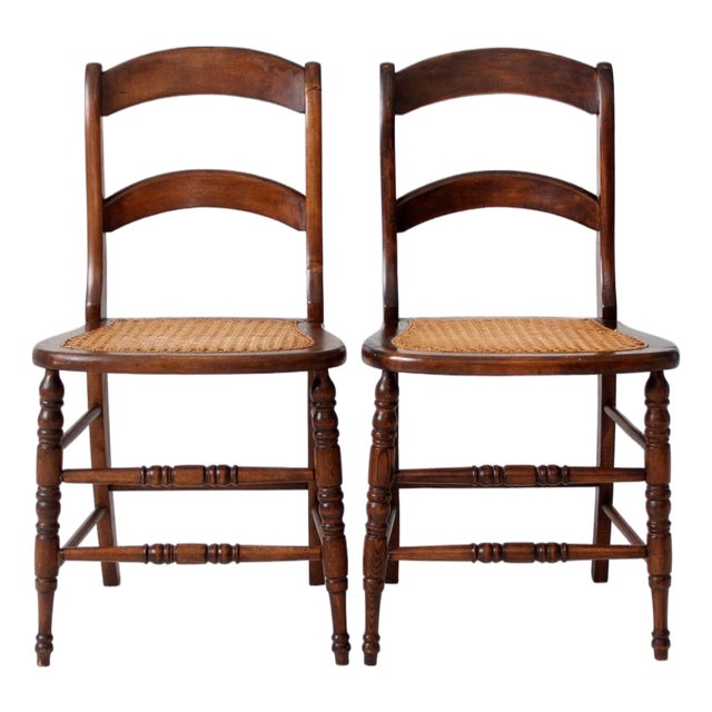 Antique Cane Seat Dining Chairs Pair For Sale
