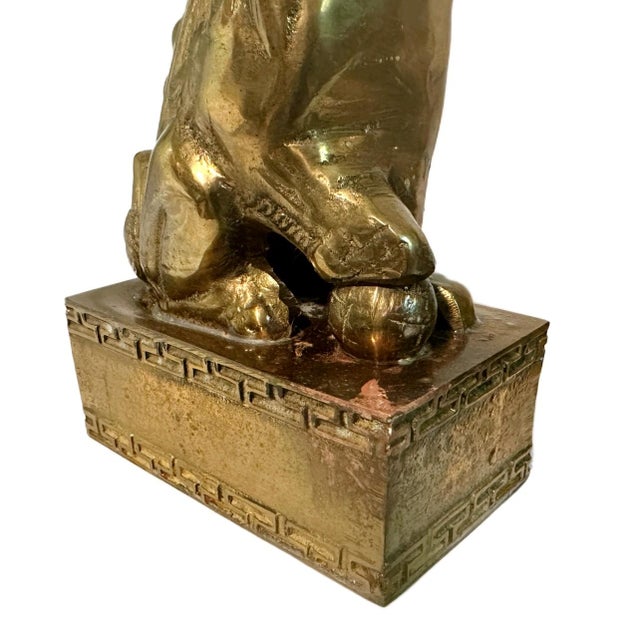 Pair of Vintage Chinese Brass Clad Temple Foo Dogs Fu Lions Figurines Bookends For Sale - Image 6 of 7