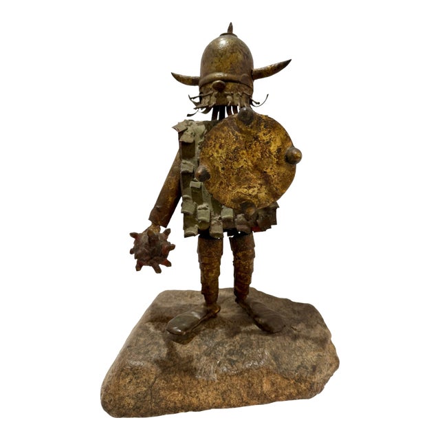 Vintage 1970s Brutalist Viking Warrior Metal Sculpture by Ryan, Shield & Mace For Sale