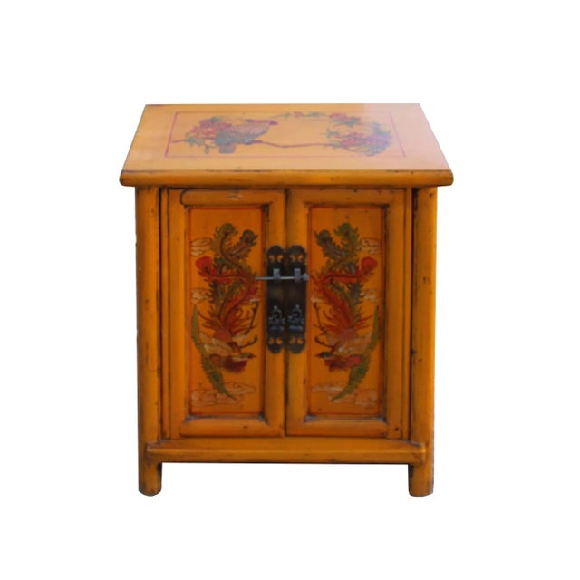 This is a handmade Chinese accent decorative end table nightstand with a distressed orange yellow #F49402 base color. The...