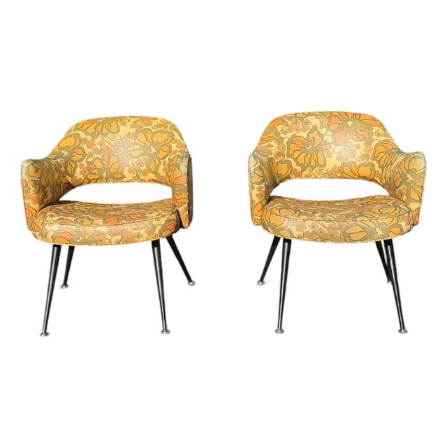 Pair of 1970s Belvedere Products Retro Floral Open-Back Barrel Chairs For Sale