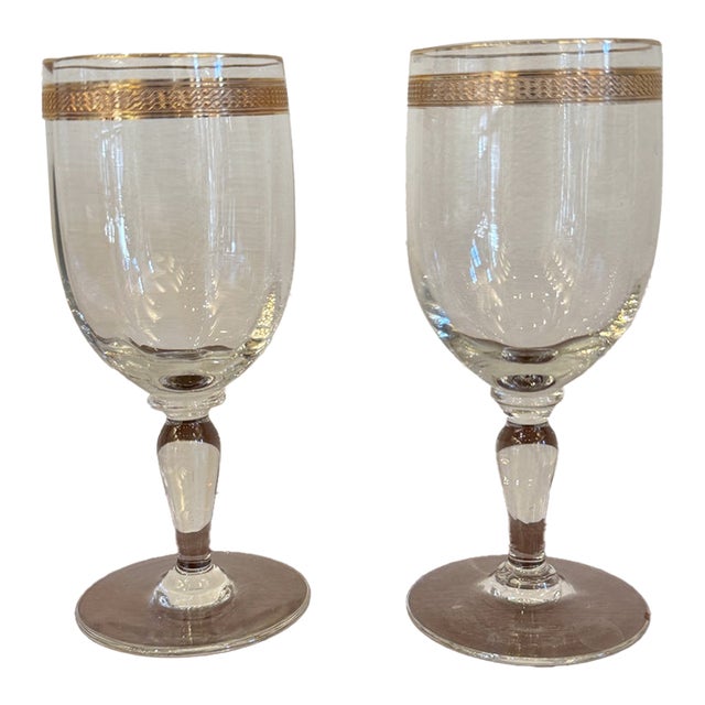Pair Vintage Italian Handblown Digestivo Glasses With Gold Detail For Sale
