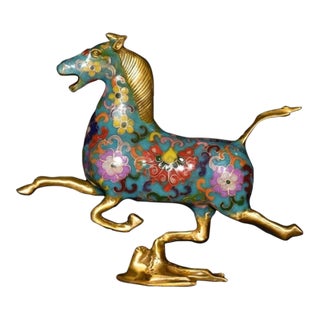 Late 19th Century Cloisonné Enamel Galloping Horse Statue on Swallow Base For Sale
