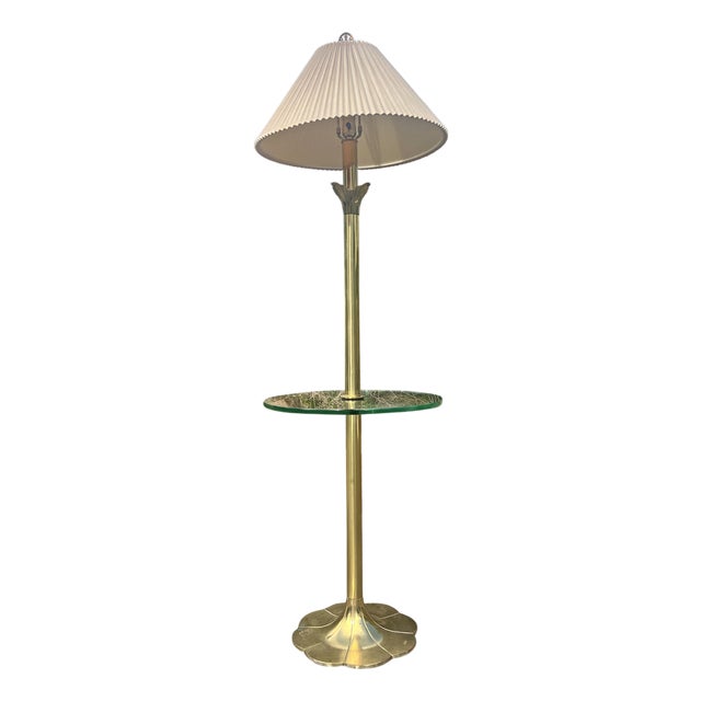 Vintage Stiffel Brass Lotus Style Floor Lamp With Glass Table For Sale