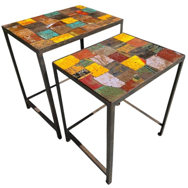 Industrial Vintage Industrial Reclaimed Metal Signage Nesting Tables - Pair For Sale - Image 3 of 11