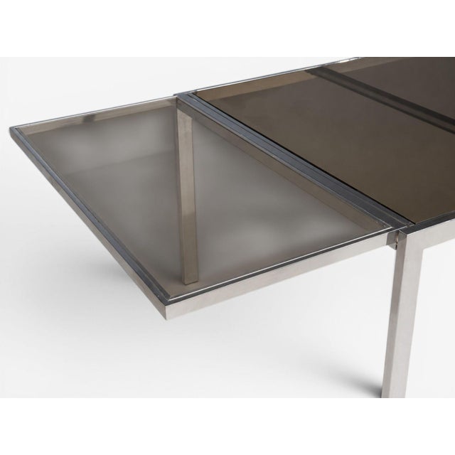 Milo Baughman Style, Expanding Dining Table, Chrome, Smoked Glass, Usa, 1970s For Sale - Image 9 of 12