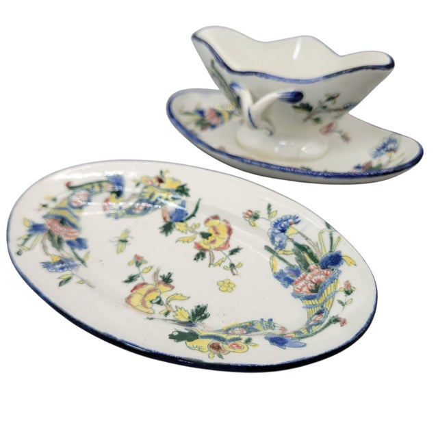 Ceramic 19th Century Faience De Gien French Hand Painted Earthenware Sauce Boat With Attached Underplate and Additional Oval Plate For Sale - Image 7 of 12