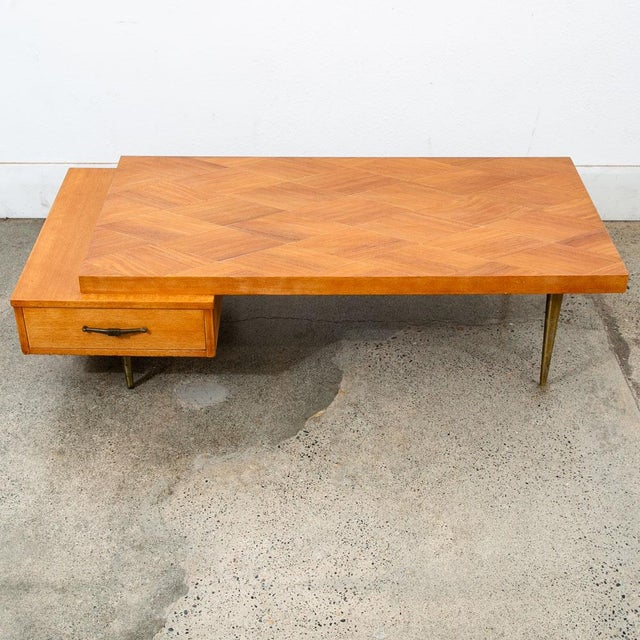 1960s Mid Century Modern Coffee Table Mahogany Drawer Blonde Wood Mansion House For Sale - Image 9 of 12