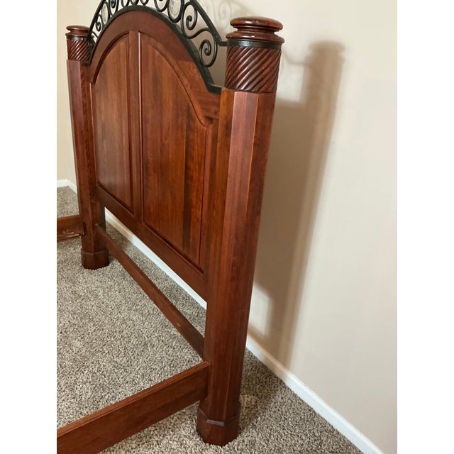 Brown 1990s Queen Bed Frame – Solid Wood & Wrought Iron Scroll, Carved Posts For Sale - Image 8 of 8