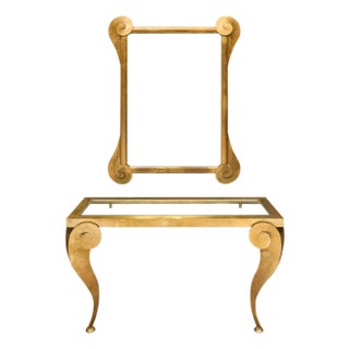 Modernist, Italian Brass Vintage Console and Mirror, Gold Leafed For Sale