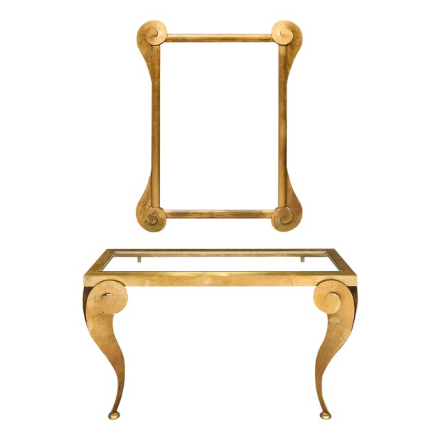 Modernist, Italian Brass Vintage Console and Mirror, Gold Leafed For Sale