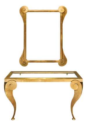 Modernist, Italian Brass Vintage Console and Mirror, Gold Leafed