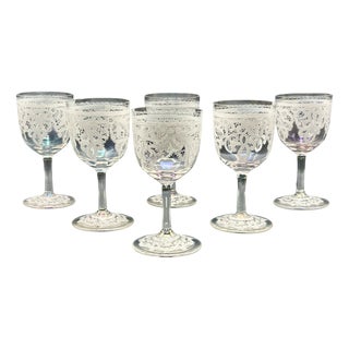 White Enamel Lace and Iridescent Murano Wine Glasses by Salvatori Venetia Pizzo, 1950s, Set of 6 For Sale