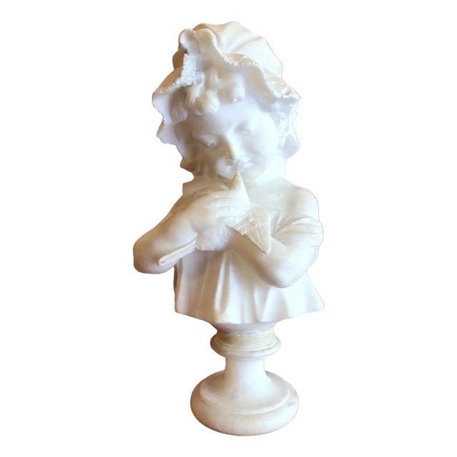 Italian Artist, Hand Carved Bust Sculpture of a Young Girl Holding a Dove, 19th Century, Alabaster For Sale