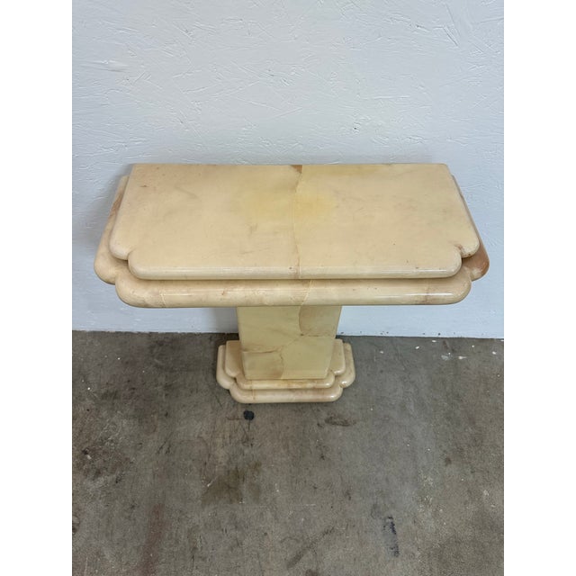 Spectacular curved goat skin console table done in the manner of Karl Springer. Great size for a smaller entry or hallway.