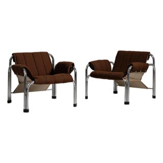 1980-1989 Czech Republic Deep Espresso Brown Pair Of Chrome-Frame Lounge Chairs For Sale