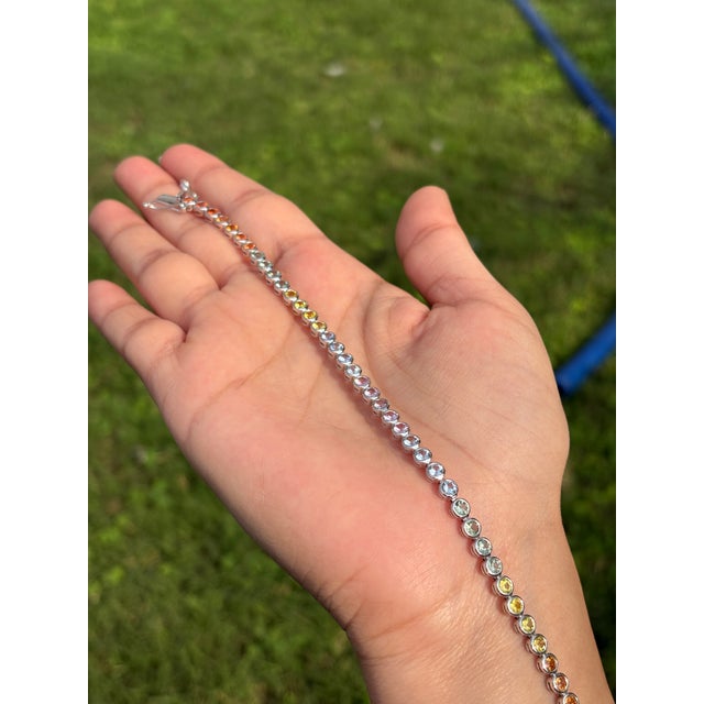 Not Yet Made - Made To Order 5.95Crt Rainbow Sapphire Bezel Set Classical Roman Tennis Bracelet in 14k Gold For Sale - Image 5 of 16