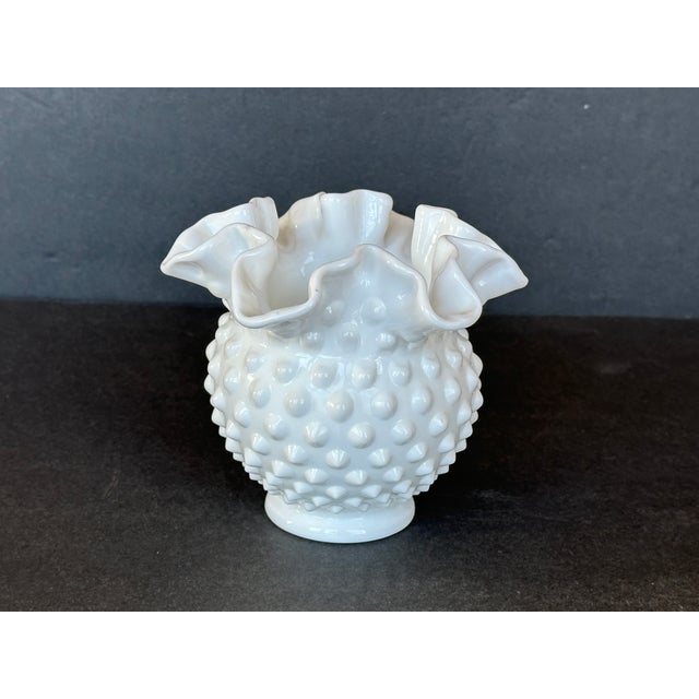 1950s Fenton Style Hobnail Milk Glass Ruffled Rim Vase For Sale - Image 5 of 10
