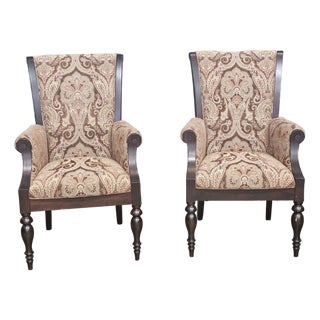 Late 20th Century Pair of Paisley Upholstered Coffee Color Stain Armchair Made by Country Hill, Millersburg Ohio For Sale