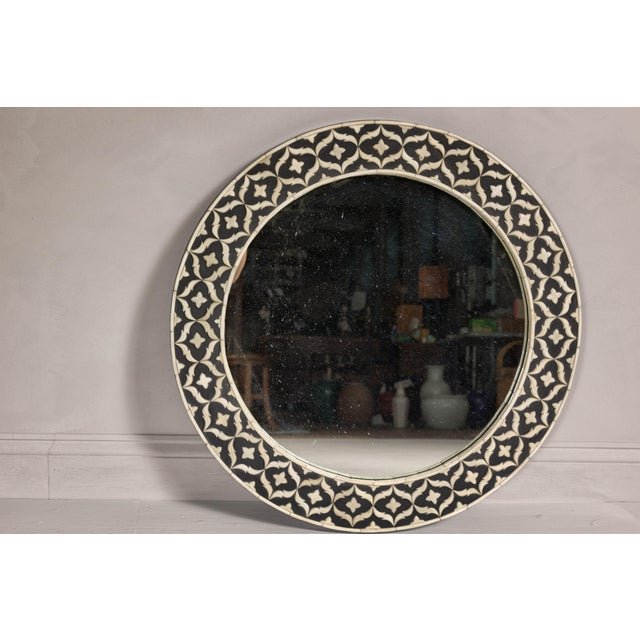 Bone Inlay Black and White Round Mirror with Floral Motifs For Sale - Image 9 of 12
